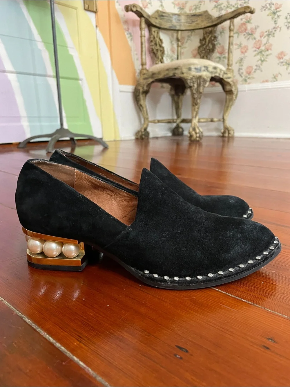 Jeffery Campbell Civil Black Suede Pearl Heel Loafers Women’s 8 ❤️🎀